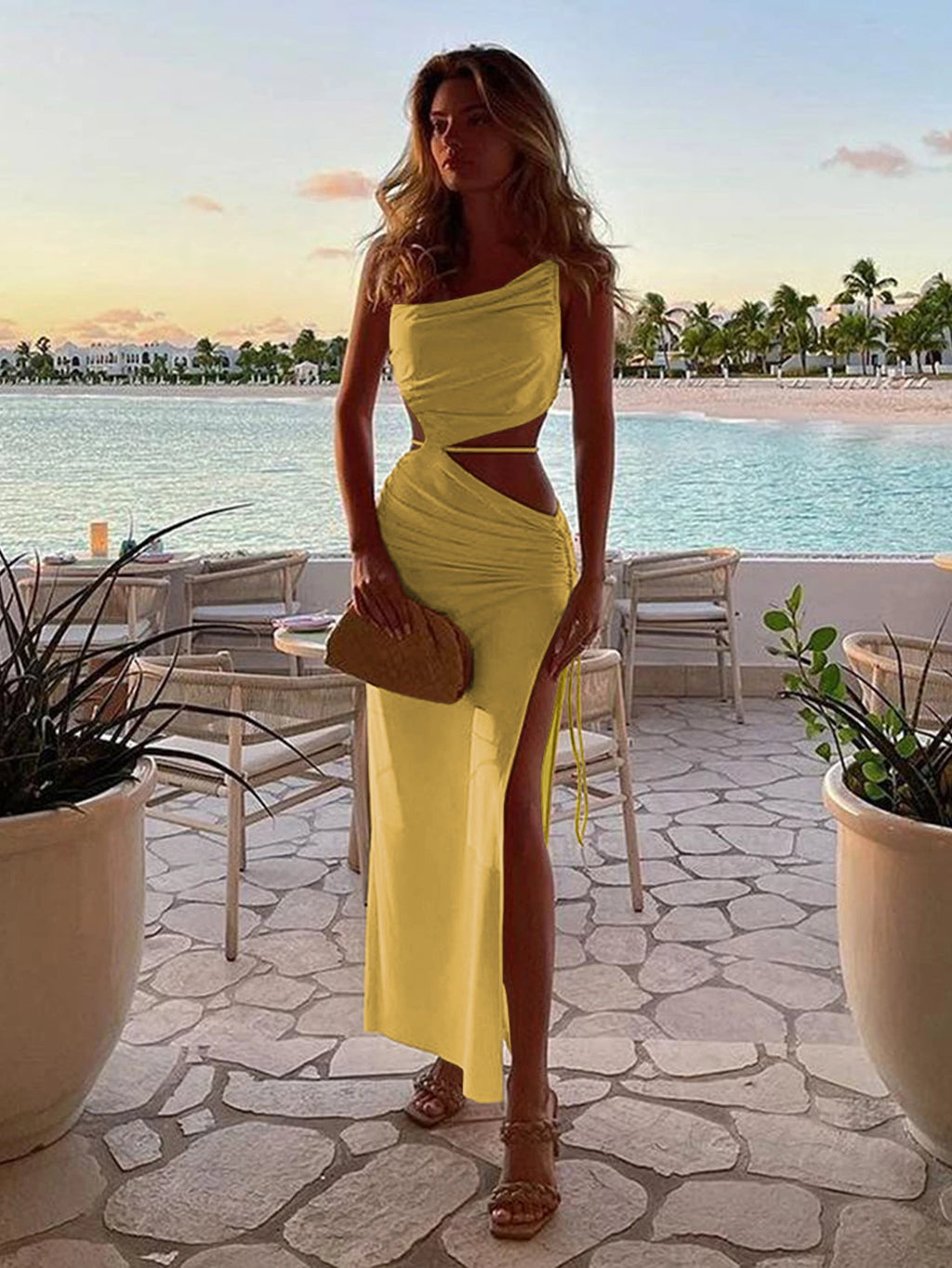 Elegant Sexy Hollow Drawstring Pleated Long Women's Summer Vacation Outfit Club Party
