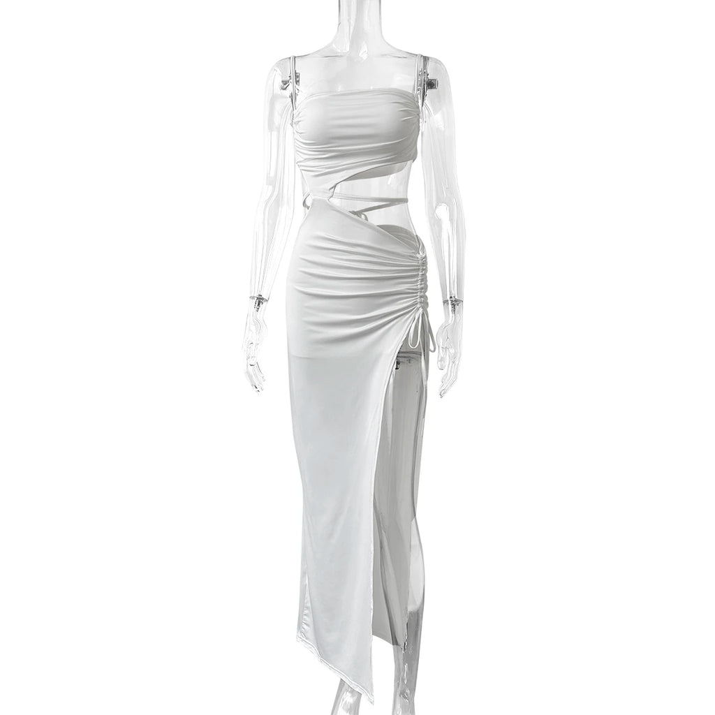Elegant Sexy Hollow Drawstring Pleated Long Women's Summer Vacation Outfit Club Party